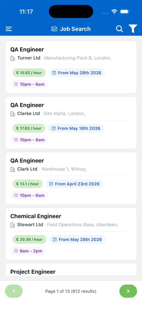 The recruitment app job search screen on a mobile phone