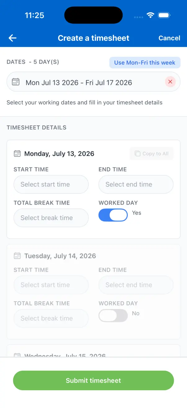 Creating a timesheet in the recruitment app