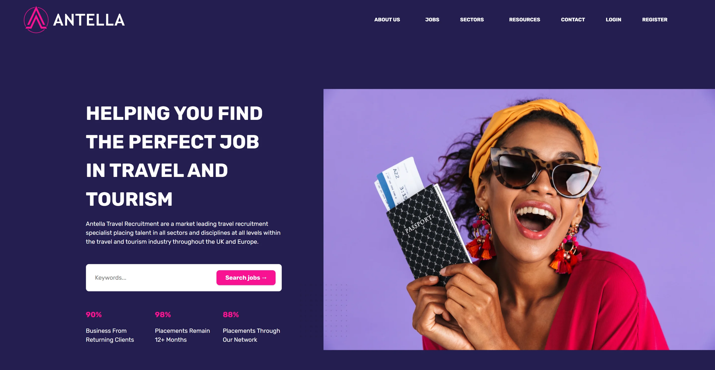 Antella Travel Recruitment homepage, a Nodex template build