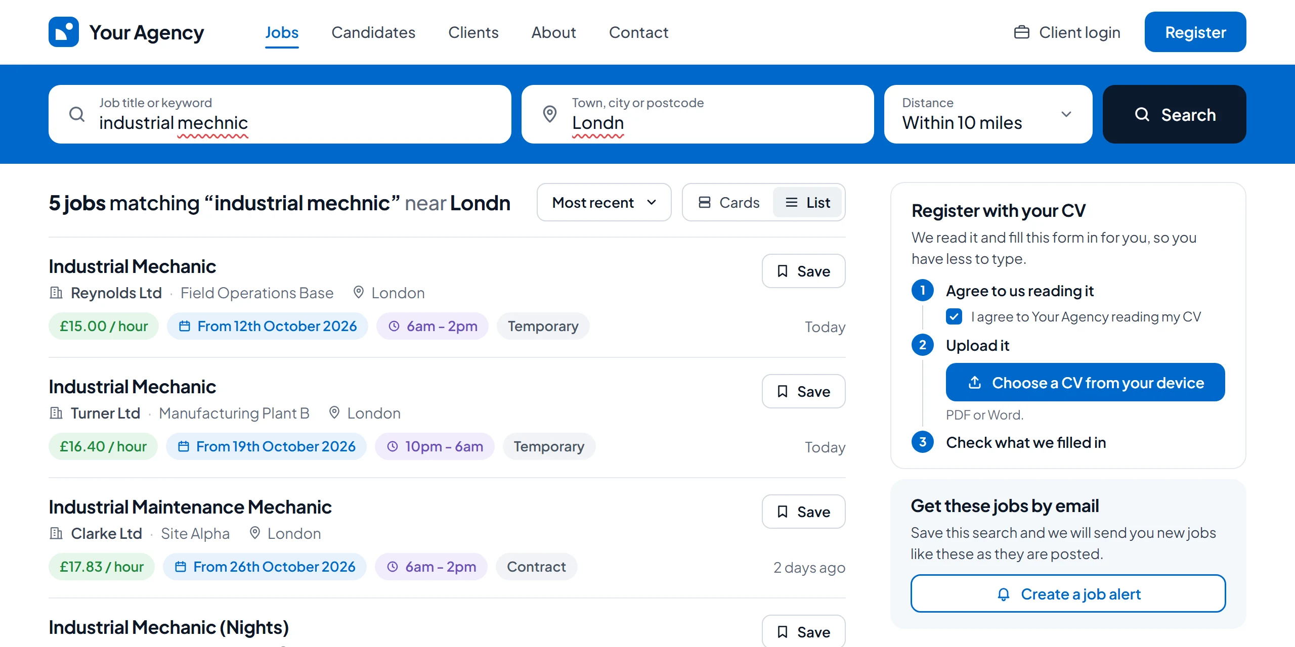 An agency website's jobs page. The mistyped search “industrial mechnic” near “Londn” still returns Industrial Mechanic jobs in London, with a Register with your CV option.