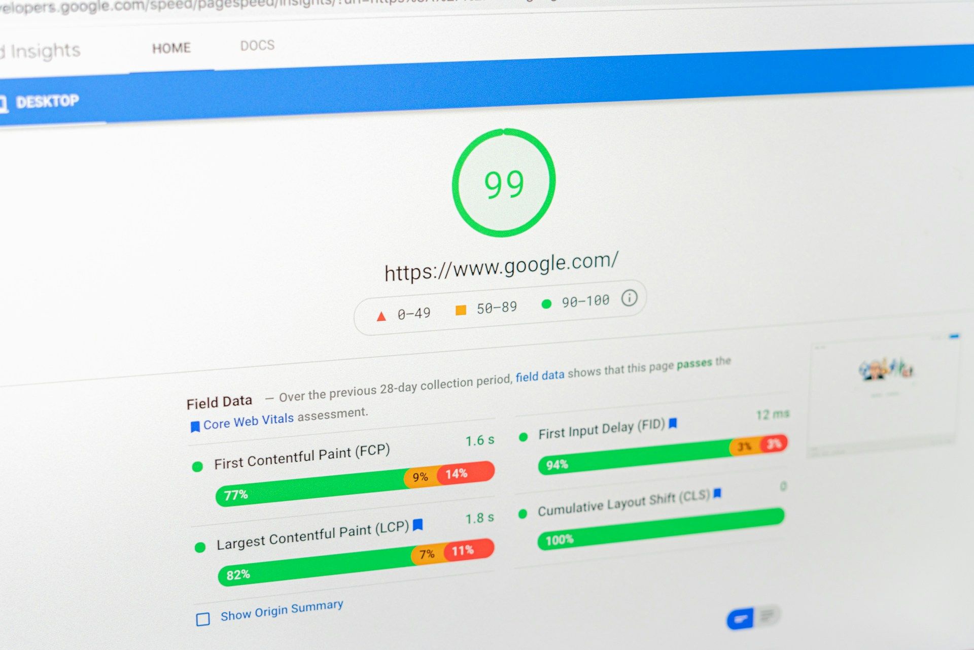 Core web vitals score